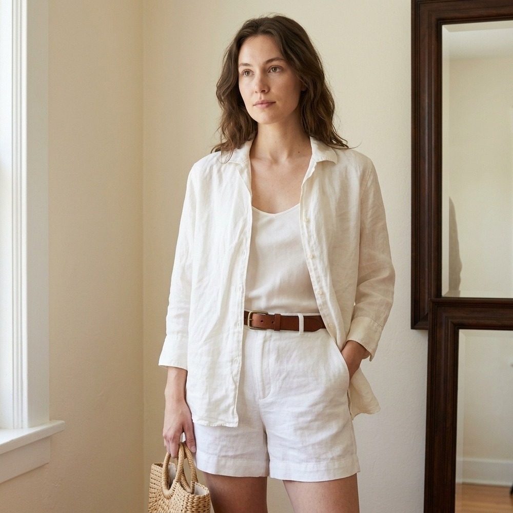 Lauren Ralph Lauren Women Top P/L White Linen Long Sleeve Button Up Coastal Prep